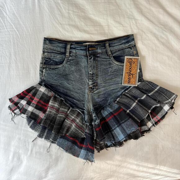 nwt spoon jeans y2k plaid ruffle denim shorts grunge punk flare - Picture 3 of 7